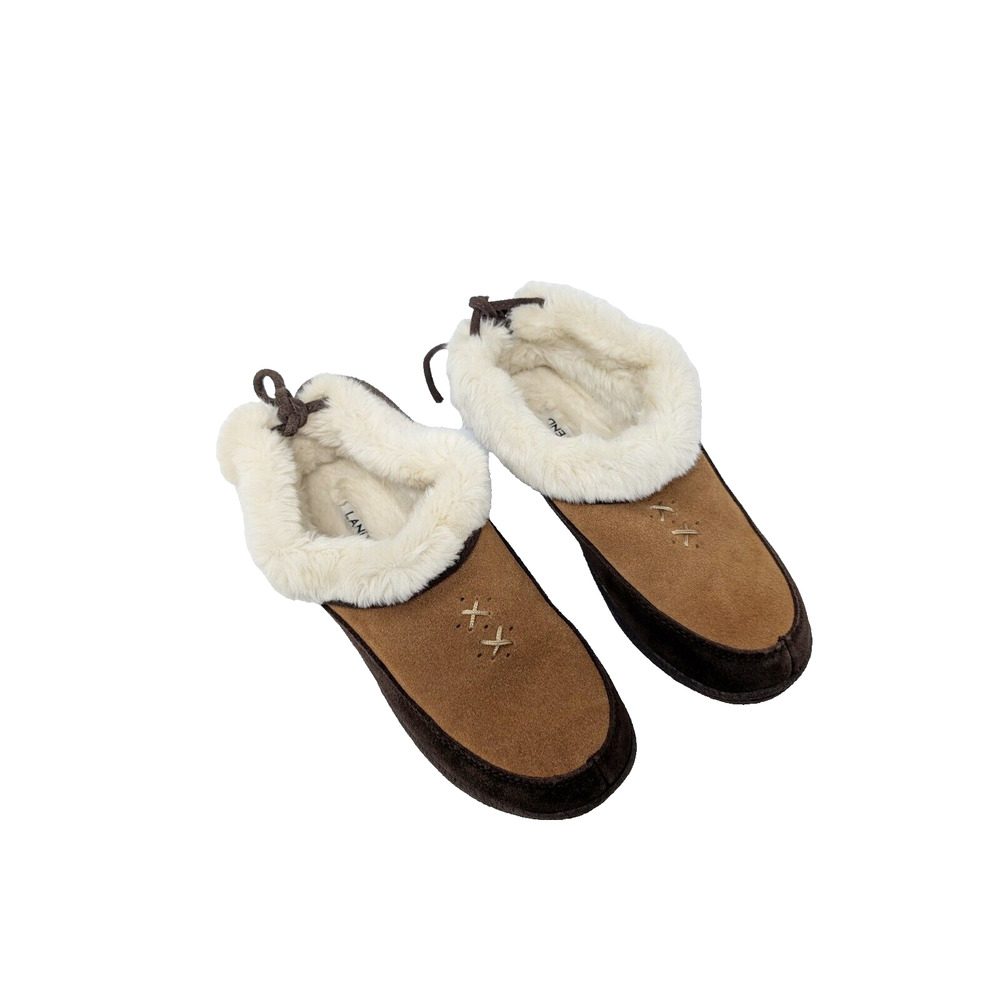Lands End Brown Suede Shearling Clog Slip On Slippers Women's Size 7 New - Picture 3 of 12